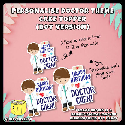 Sample mockups of a Personalized Cute Boy Doctor Medical Theme Cake Topper available in different sizes for different cakes