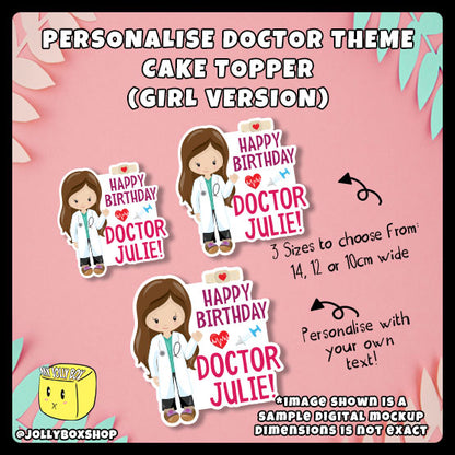 Sample mockups of a Personalized Cute Boy Doctor Medical Theme Cake Topper in different sizes for different cakes