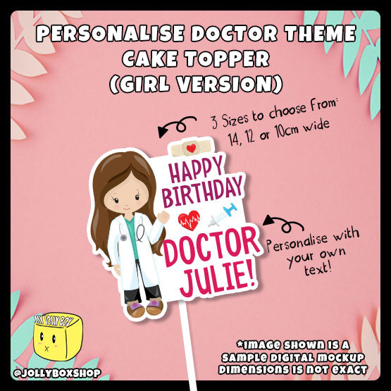 Sample mockup of a Personalized Cute Girl Doctor Medical Theme Cake Topper 