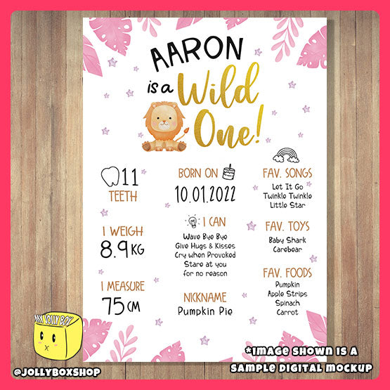 Personalized Baby is a Wild One Safari Lion Pink Theme Milestone or Birthday Board