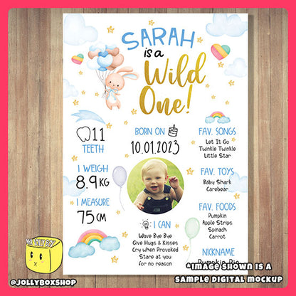 Personalized Baby is a Wild One Cute Rabbit Blue Theme Milestone or Birthday Board