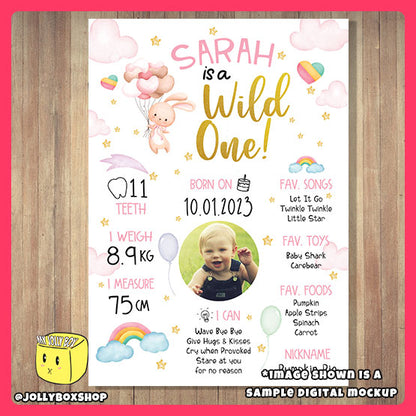 Personalized Baby is a Wild One Cute Rabbit Pink Theme Milestone or Birthday Board
