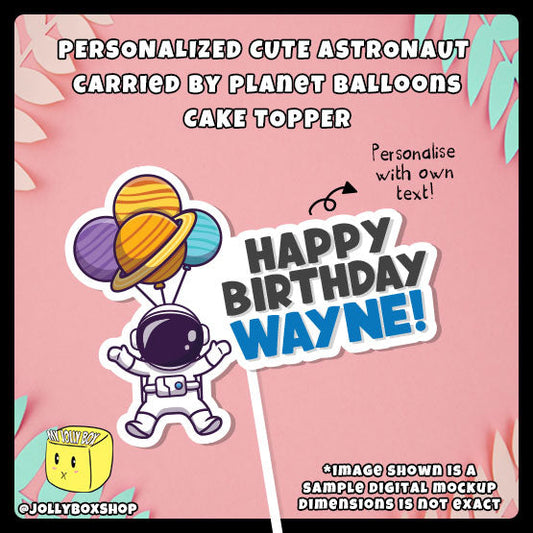Personalized Cute Astronaut Carried by Colorful Balloons Cake Topper