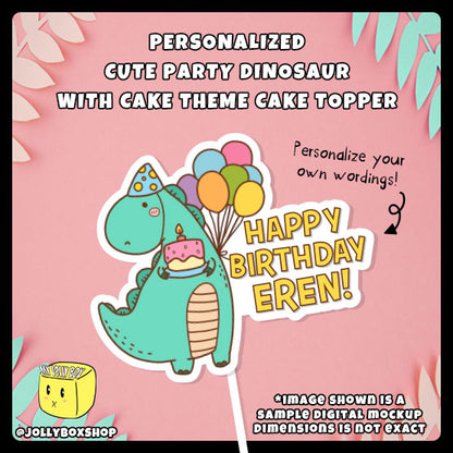 Personalized Cute Party Dinosaur with Cake Theme Cake Topper