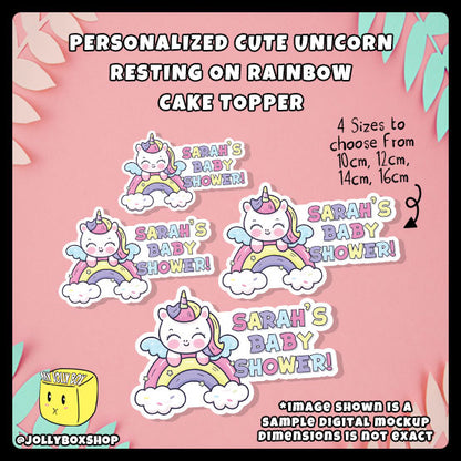 Personalized Cute Unicorn Resting on Rainbow Cake Topper