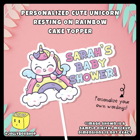 Personalized Cute Unicorn Resting on Rainbow Cake Topper