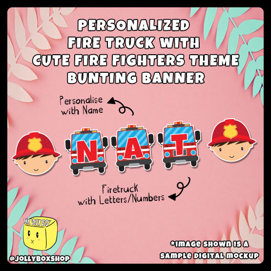 Personalized Fire Trucks with Cute Firefighters Theme Bunting Banners