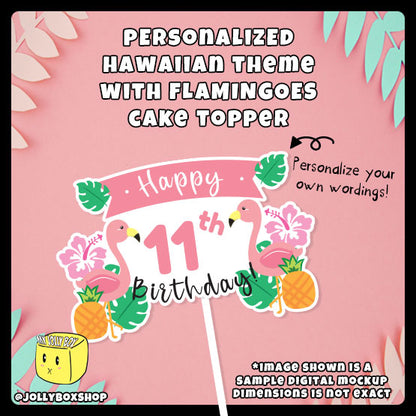 Personalized Hawaiian Theme with Flamingoes Cake Topper