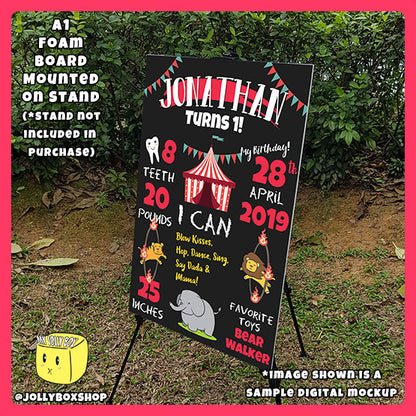 Digital mockup of a A1 size Circus Theme Milestone board on stand