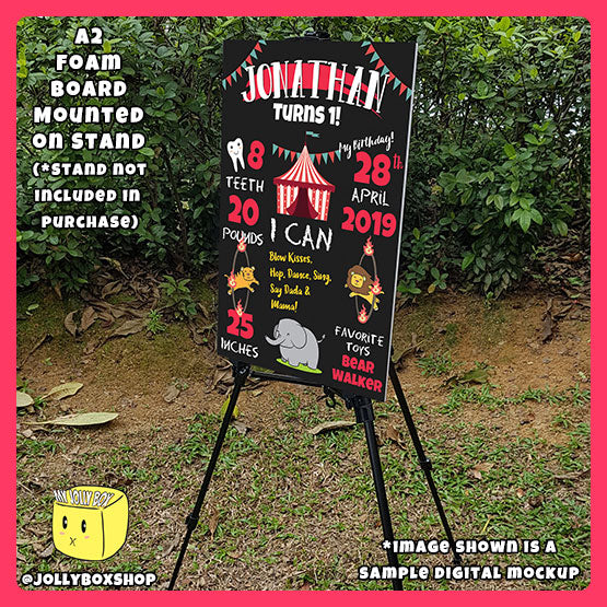 Digital mockup of a A2 size Circus Theme Milestone board on stand