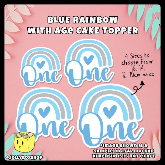 Digital mockup of a Blue rainbow theme with age cake topper in 4 different sizes, 10cm, 12cm, 14cm and 16cm wide