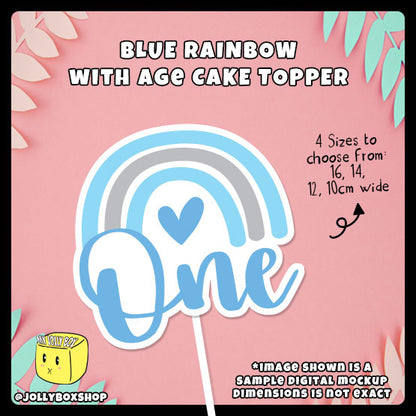 Digital mockup of a Blue rainbow theme with age cake topper