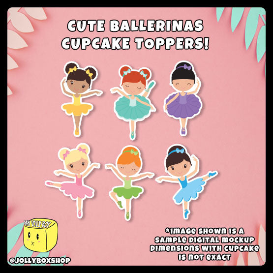Digital Mockup of a set of Cute Ballerina Cupcake Toppers Featured Image