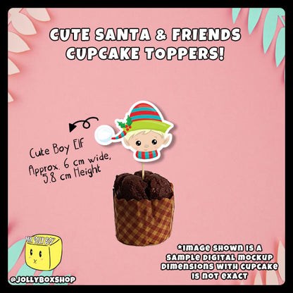 Digital mockup of cute boy elf cupcake topper with dimensions