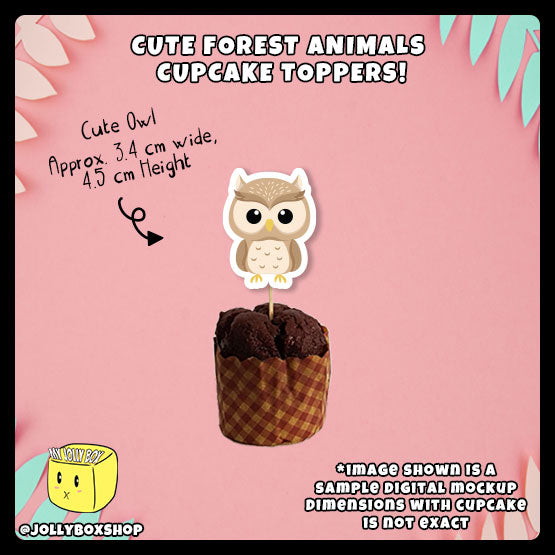 Digital mockup of cute owl cupcake topper with dimensions