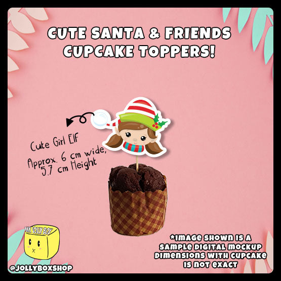 Digital mockup of cute girl elf cupcake topper with dimensions