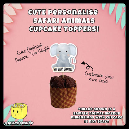 Digital mockup of personalize elephant cupcake topper with dimensions