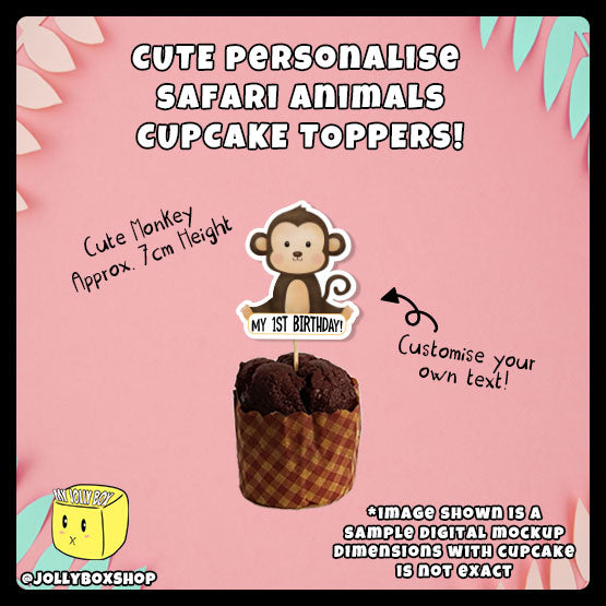 Digital mockup of personalize monkey cupcake topper with dimensions