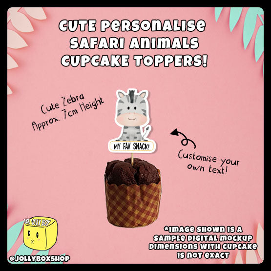 Digital mockup of personalize zebra cupcake topper with dimensions