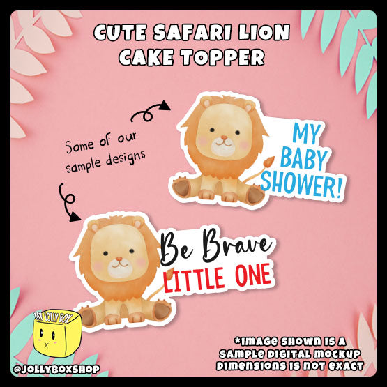 Digital mockup of Personalized Cute Safari Lion Cake Toppers in different color text