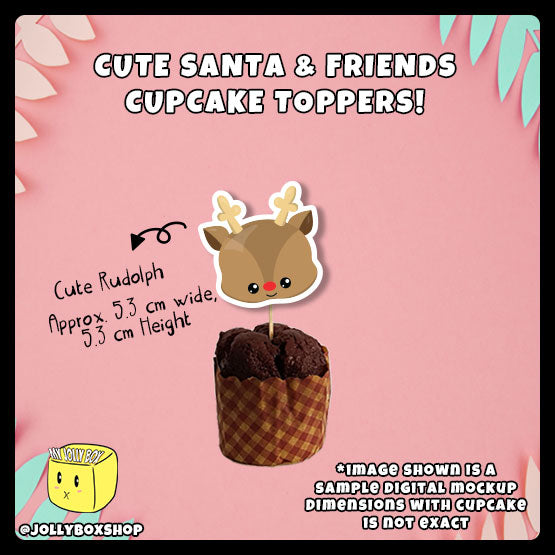 Digital mockup of cute rudolph the reindeer cupcake topper with dimensions