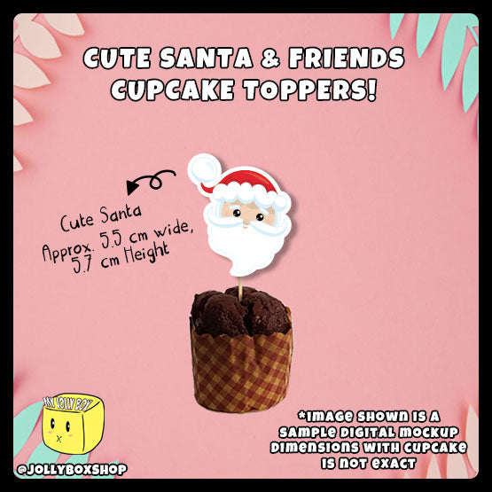 Digital mockup of cute santa cupcake topper with dimensions