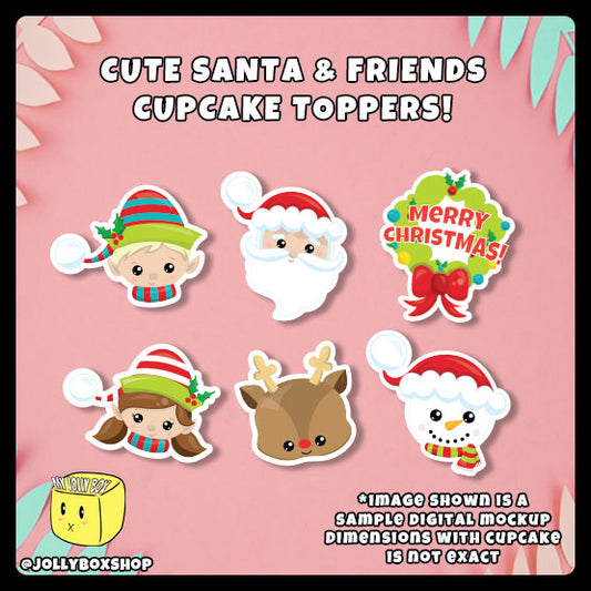 Digital mockup of cute santa and friends cupcake toppers