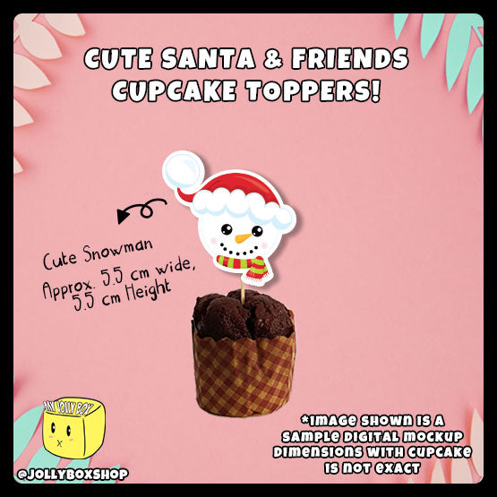Digital mockup of cute snowman cupcake topper with dimensions