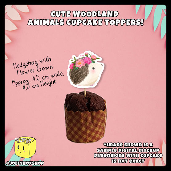 Digital Mockup of Cute Hedgehog with Flower Crown Cupcake Topper