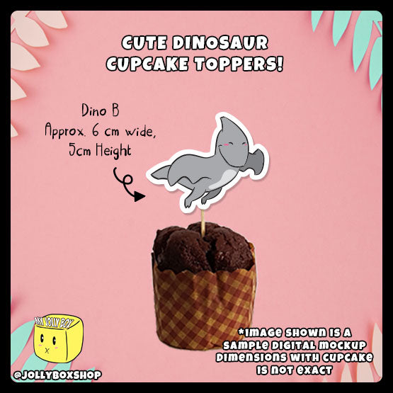 Digital mockup of cute dino B cupcake topper with dimensions