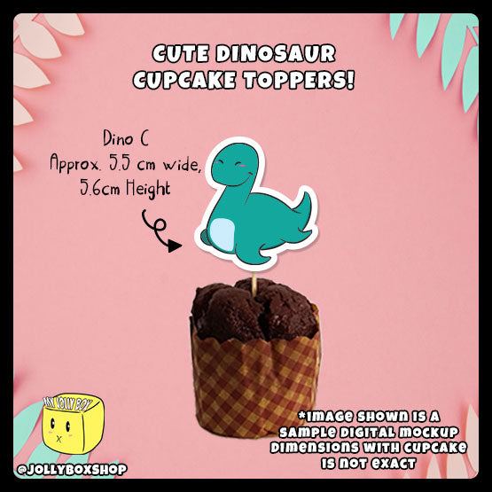 Digital mockup of cute dino C cupcake topper with dimensions