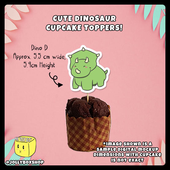 Digital mockup of cute dino D cupcake topper with dimensions
