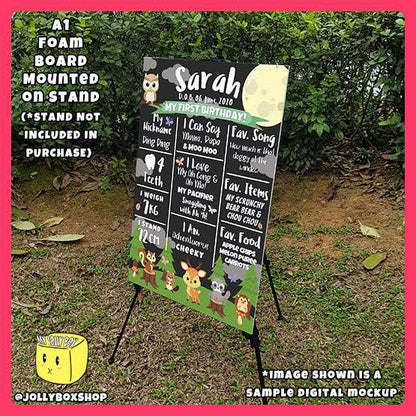 Digital mockup of a A1 size board on stand of a forest animals theme milestone board