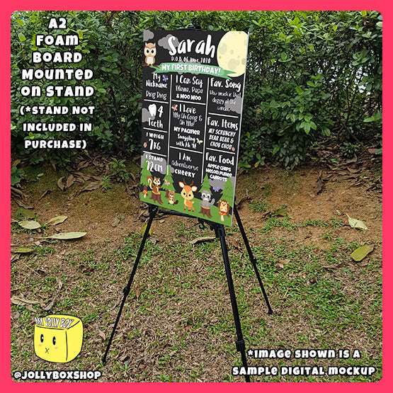 Digital mockup of a A2 size board on stand of a forest animals theme milestone board