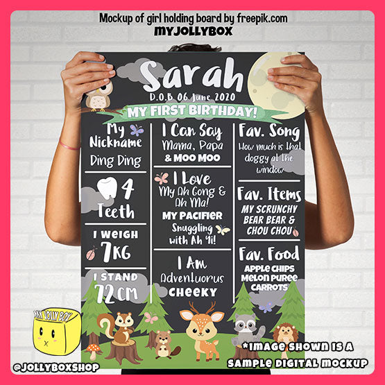Digital mockup of a girl holding an A2 size board of forest animals theme milestone board featured image