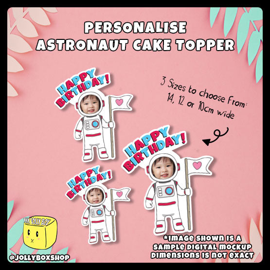 Digital mockup of a personalized astronaut with photo cake topper in 3 sizes, 10cm, 12cm, 14cm wide