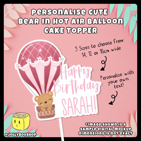 Digital mockup of a Personalized Cute Bear in Hot Air Balloon Cake Topper