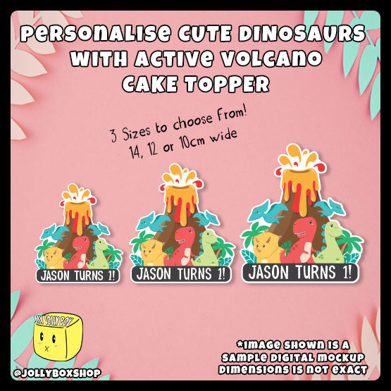 Digital mockup of Cute Dinosaurs Cake Topper in 3 dimensions, 10cm, 12cm, 14cm wide