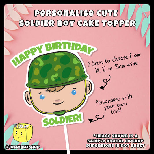 Digital mockup of a Personalized Cute Soldier Boy Cake Topper Featured Image