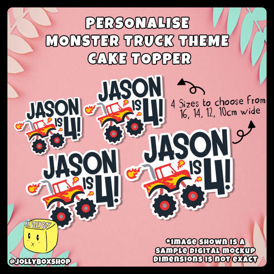 Digital mockup of personalised monster truck theme cake toppers in 4 dimensions, 16cm, 14cm, 12cm and 10cm wide