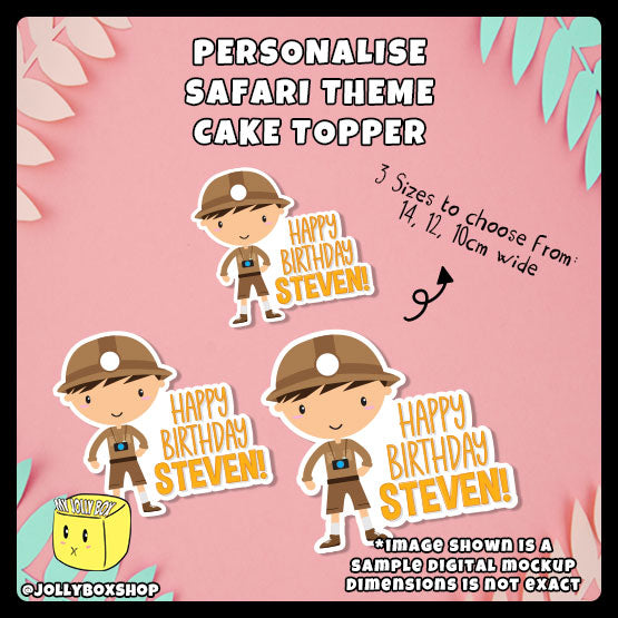Digital mockup of Personalize Cute Safari Explorer Cake Topper in different sizes, 10cm, 12cm, 14cm wide