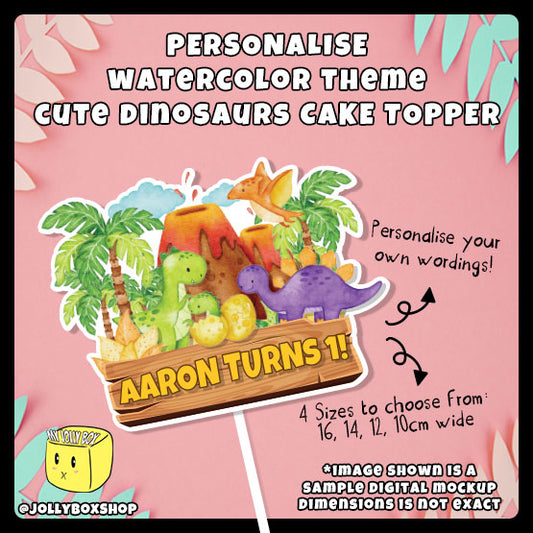 Digital Mockup of Cute Dinosaurs in Watercolor Theme Cake Topper Featured Image
