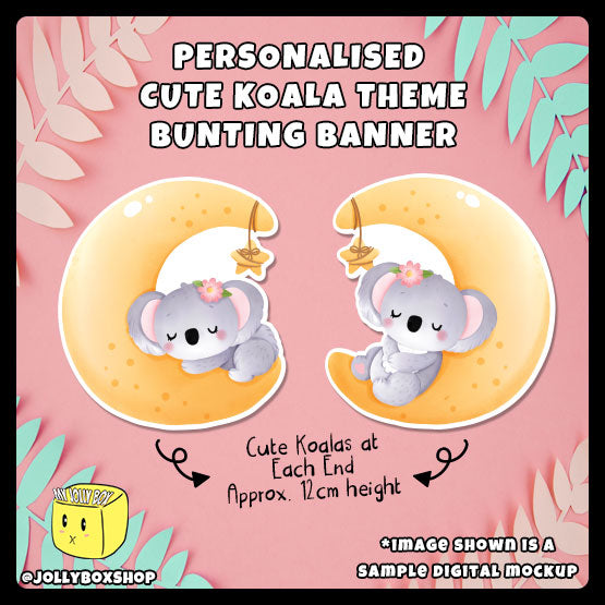 Digital mockup of a personalized cute koala bear theme bunting banner - mascots at each end