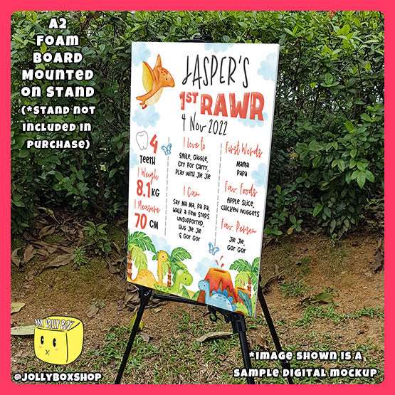 Sample Digital Mockup of a A2 Size Watercolor Dinosaur Birthday Board on Stand