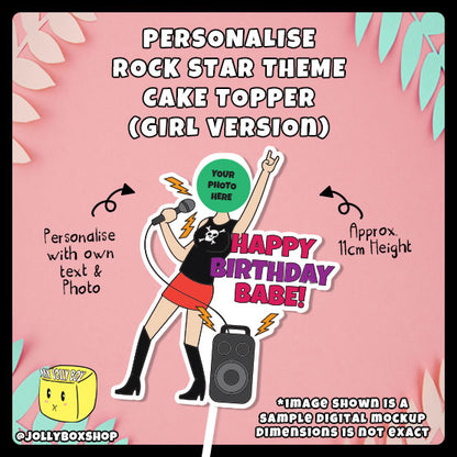 Digital mockup of a female rockstar theme with photo cake topper