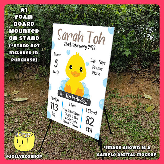 Digital mockup of a A1 Size Personalized Cute Baby Duck Theme Milestone Board on Stand