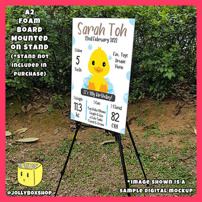 Digital mockup of a A2 Size Personalized Cute Baby Duck Theme Milestone Board on Stand