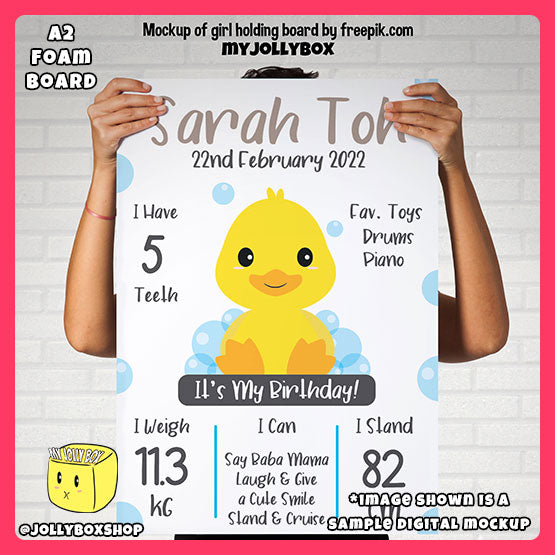 Digital mockup of a Girl holding a A2 Size Personalized Cute Baby Duck Theme Milestone Board