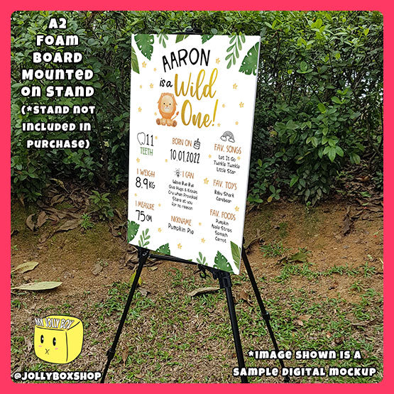 Digital mockup of a A2 Size Personalized Baby is Wild Safari Lion Theme Milestone Board on stand