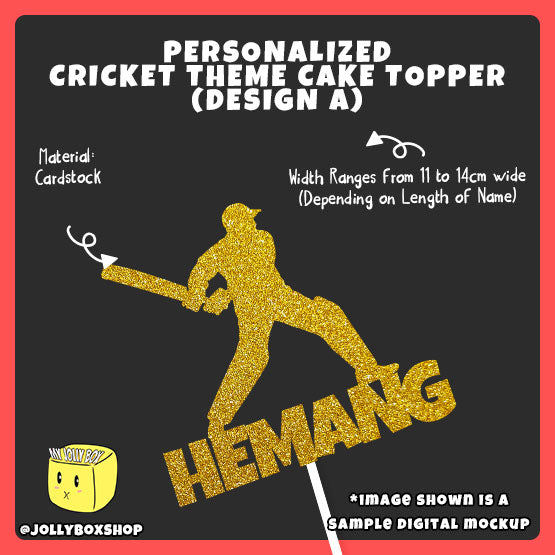 Digital mockup of personalized cricket theme cake topper design A